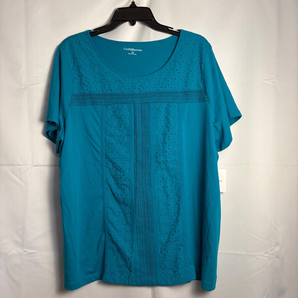 Croft & Barrow Womens 1X Teal Blue Eyelet Lace Knit Top WC82K002PS NWT